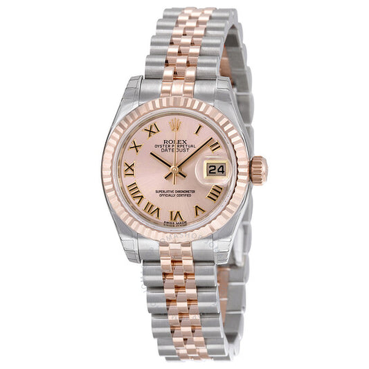 ساعة رولكس ليدي ديت جست 26 أوتوماتيكية بمينا وردي وسوار من الفولاذ المقاوم للصدأ وذهب إيفروز عيار 18 قيراطًا