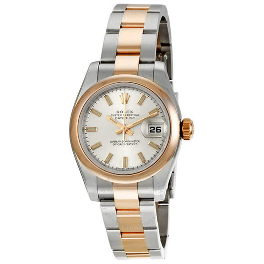 ساعة رولكس ليدي ديت جست 26 أوتوماتيكية بمينا فضي وسوار أويستر من الفولاذ المقاوم للصدأ وذهب إيفروز عيار 18 قيراطًا