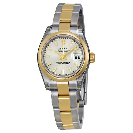 ساعة رولكس ليدي ديت جست 26 أوتوماتيكية بمينا فضي وسوار أويستر من الفولاذ المقاوم للصدأ وذهب أصفر عيار 18 قيراطًا