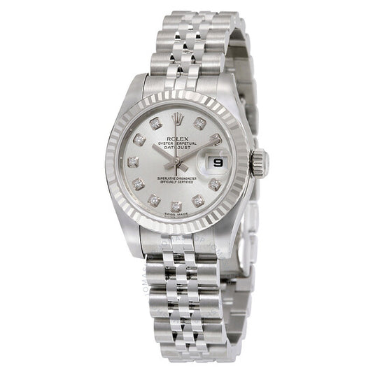 ساعة رولكس ليدي ديت جست 26 أوتوماتيكية بمينا فضي وسوار من الفولاذ المقاوم للصدأ طراز 179174SDJ