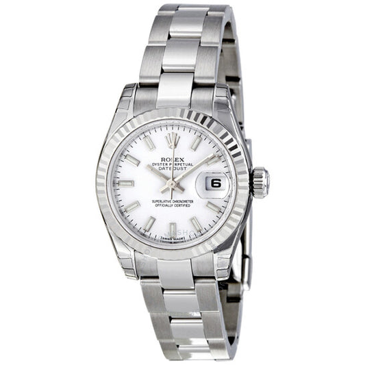 ساعة رولكس ليدي ديت جست 26 أوتوماتيكية بمينا أبيض وسوار أويستر من الفولاذ المقاوم للصدأ