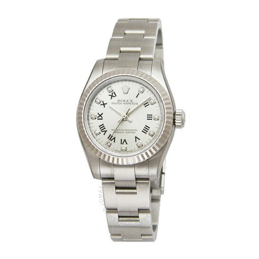 ساعة رولكس ليدي أويستر بيربيتوال 26 فضية اللون مرصعة بـ 11 ماسة، بسوار أويستر من الفولاذ المقاوم للصدأ، أوتوماتيكية