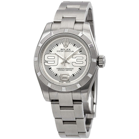 ساعة رولكس ليدي أويستر بيربيتوال الفضية ذات الأرقام الكبيرة ومؤشرات الميناء للسيدات