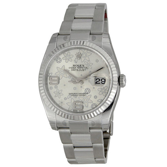 Rolex, Oyster Perpetual 36 mm Silver Floral Dial Stainless Steel Bracelet Automatic Men's Watch
