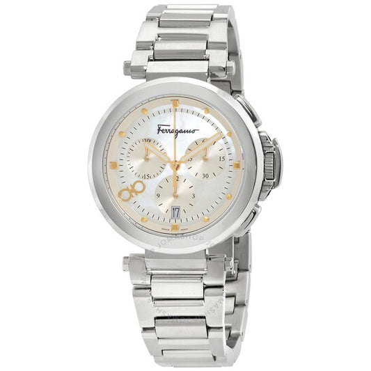 ساعة فيراغامو ليجاسي كرونوغراف كوارتز بمينا من عرق اللؤلؤ الأبيض للسيدات