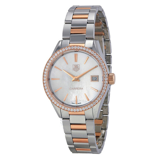 ساعة تاغ هوير كاريرا للسيدات، ميناء من عرق اللؤلؤ الأبيض، مصنوعة من الفولاذ المقاوم للصدأ والذهب الوردي عيار 18 قيراطًا