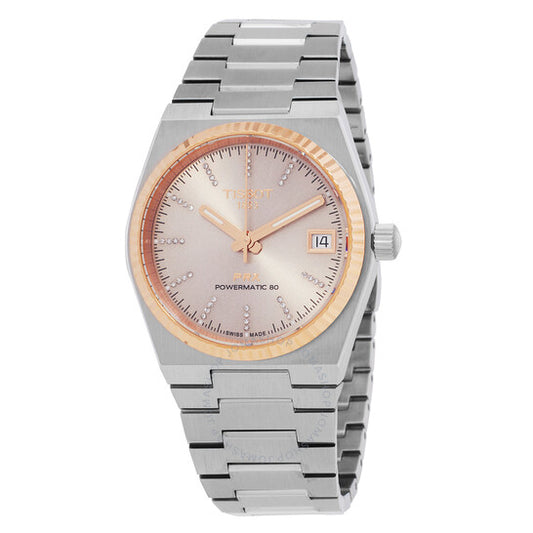 ساعة تيسو PRX أوتوماتيكية للسيدات بمينا رمادي مرصعة بالألماس