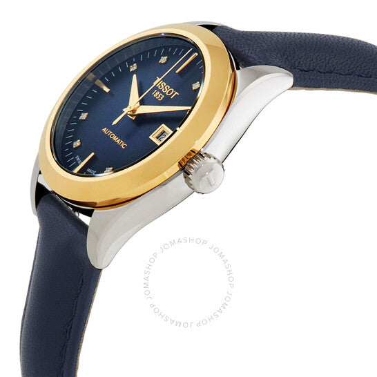 ساعة تيسو للسيدات، أوتوماتيكية من الذهب، بمينا أزرق مرصعة بالألماس