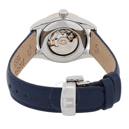 ساعة تيسو للسيدات، أوتوماتيكية من الذهب، بمينا أزرق مرصعة بالألماس