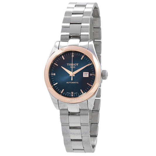 ساعة تيسو تي-ماي ليدي أوتوماتيكية مرصعة بالألماس بمينا زرقاء سوداء للسيدات