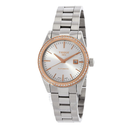 ساعة تي-ماي ليدي أوتوماتيكية مرصعة بالألماس ومينا فضية من تيسو