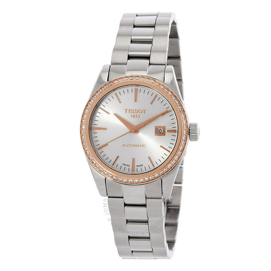 ساعة تي-ماي ليدي أوتوماتيكية مرصعة بالألماس ومينا فضية من تيسو