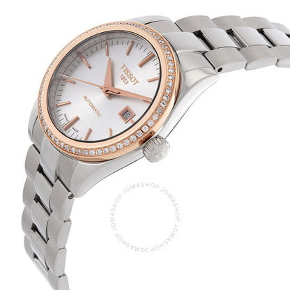 ساعة تي-ماي ليدي أوتوماتيكية مرصعة بالألماس ومينا فضية من تيسو