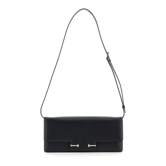 Black Crossbody Bag With Adjustable Shoulder Strap And T Plaque Closure In Grained Leather