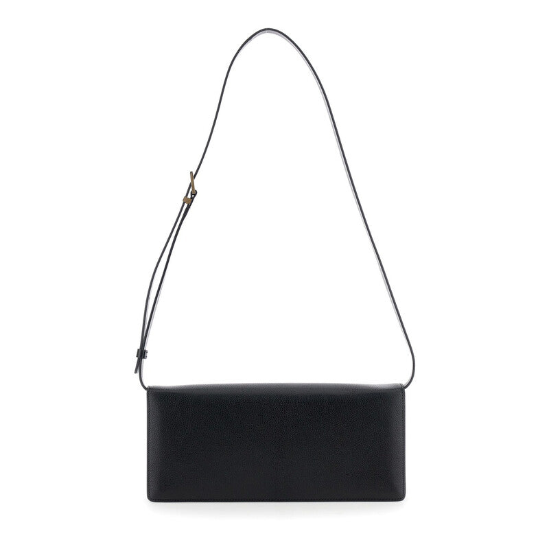 Black Crossbody Bag With Adjustable Shoulder Strap And T Plaque Closure In Grained Leather
