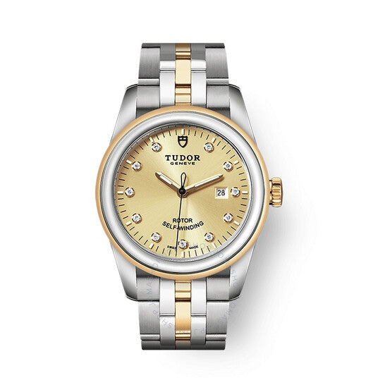 ساعة تيودور غلامور أوتوماتيكية للسيدات بمينا من الماس بلون الشمبانيا