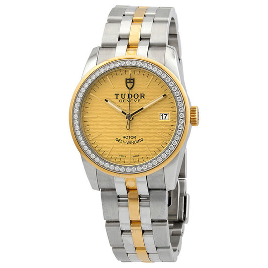 ساعة تيودور غلامور ديت أوتوماتيكية مرصعة بالألماس بلون الشمبانيا ومينا جاكار للسيدات