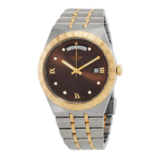 ساعة تيودور رويال أوتوماتيك للرجال بمينا بني مرصعة بالألماس