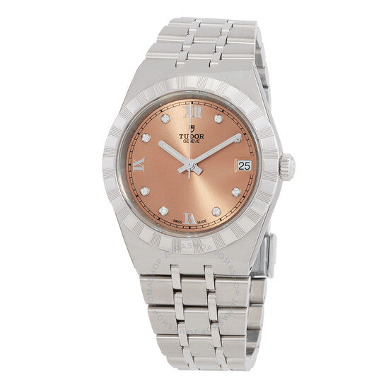 ساعة تيودور رويال أوتوماتيكية للسيدات بمينا من الألماس بلون السلمون