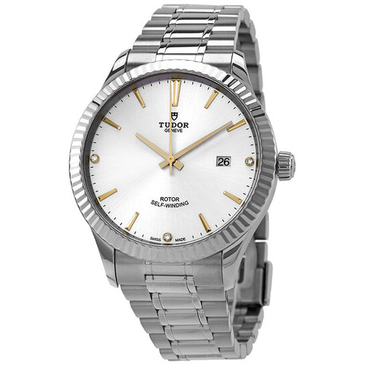 ساعة تيودور ستايل أوتوماتيكية للرجال بمينا فضي مرصعة بالألماس