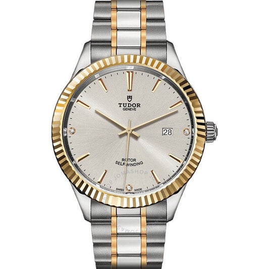 ساعة تيودور ستايل أوتوماتيكية للرجال بمينا فضي مرصعة بالألماس