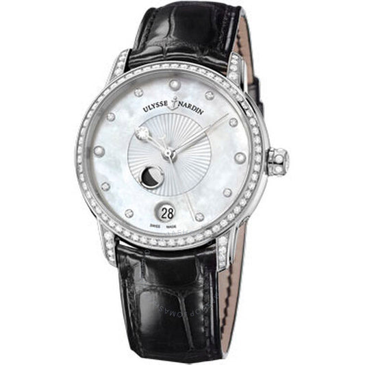 ساعة كلاسيكو ليدي لونا بيضاء من عرق اللؤلؤ، بسوار من جلد التمساح، أوتوماتيكية للسيدات من يوليس ناردين