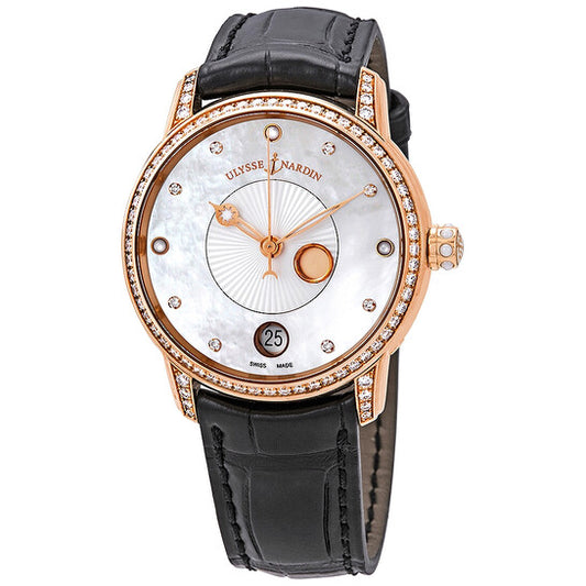 ساعة أوليس ناردين كلاسيكو لونا البيضاء بمينا من عرق اللؤلؤ وجلد التمساح أوتوماتيكية للسيدات