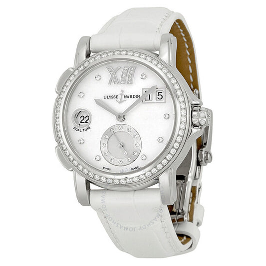 ساعة أوليس ناردين، مزدوجة التوقيت أوتوماتيكية بقرص من عرق اللؤلؤ، جلد أبيض للسيدات، 243-22B-391