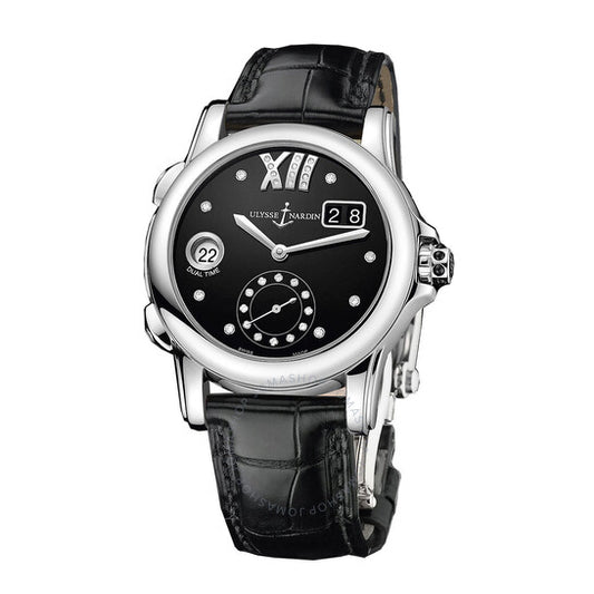 ساعة أوليس ناردين النسائية الأوتوماتيكية ذات التوقيت المزدوج والميناء الأسود المرصع بالألماس 3343-222-30-02