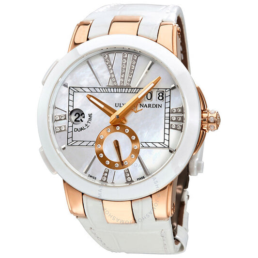 ساعة أوليس ناردين التنفيذية المزدوجة التوقيت، مينا من عرق اللؤلؤ والماس، مصنوعة من الذهب الوردي عيار 18 قيراطًا، مصنوعة من الجلد الأبيض، رقم 246-10-391