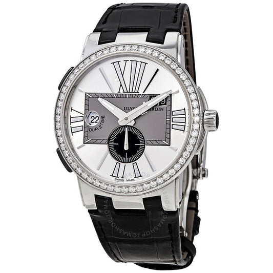Ulysse Nardin, Executive Dual Time Silver Dial Diamond Bezel Black Leather Men's Watch 243-00B-421