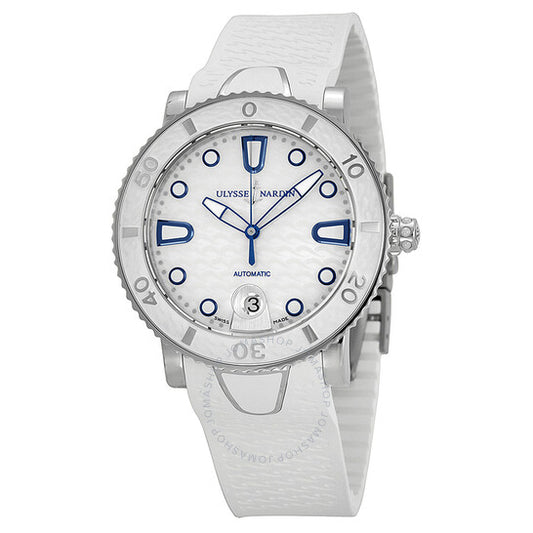 ساعة أوليس ناردين ليدي مارين دايفر النسائية الأوتوماتيكية المصنوعة من المطاط الأبيض من عرق اللؤلؤ، 8103-101-3-00
