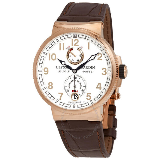 ساعة رجالية من Ulysse Nardin، كرونومتر بحري، مينا فضية، من الذهب الوردي عيار 18 قيراطًا، مصنوعة من الجلد البني