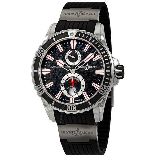 ساعة أوليس ناردين ماكسي مارين دايفر أوتوماتيكية للرجال بمينا أسود وسوار مطاطي