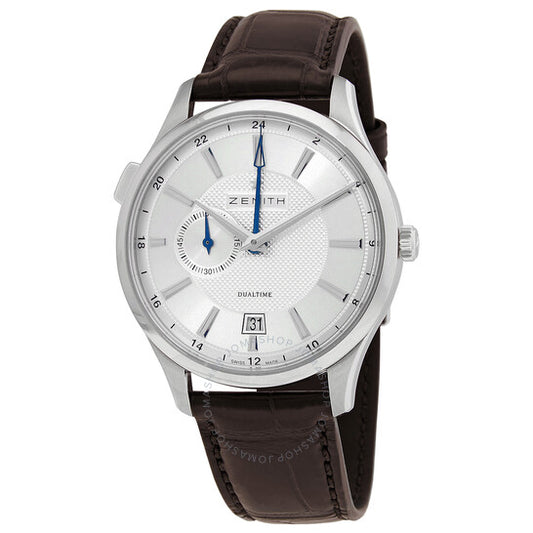 ساعة زينيث كابتن ثنائية التوقيت أوتوماتيكية للرجال بمينا فضي 03213068202C498
