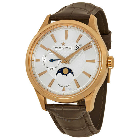 ساعة رجالية من Zenith، Captain Moonphase، بمينا فضي وذهب وردي عيار 18 قيراطًا وجلد بني، 18214069102C498