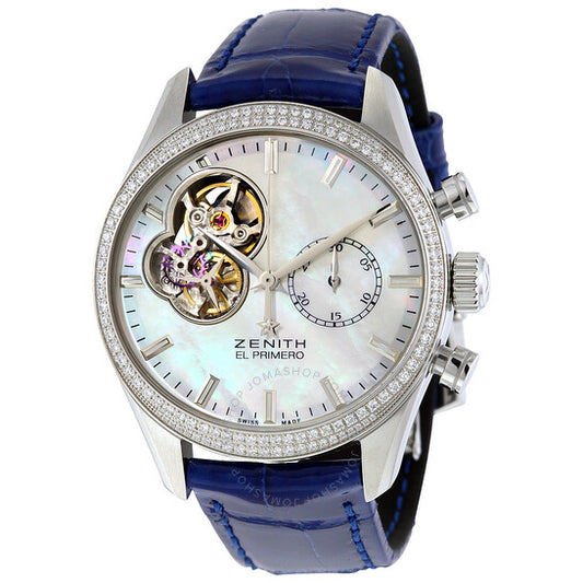 ساعة زينيث كرونو ماستر أوتوماتيكية بمينا من عرق اللؤلؤ ومرصعة بالألماس للسيدات 162150406281C754