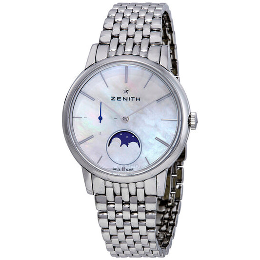 ساعة زينيث إيليت ليدي مون فيز أوتوماتيكية للسيدات بمينا من عرق اللؤلؤ الأبيض