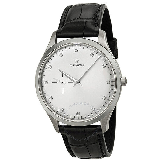 ساعة زينيث للرجال، مينا فضية فاخرة، جلد أسود، ستانلس ستيل، أوتوماتيكية