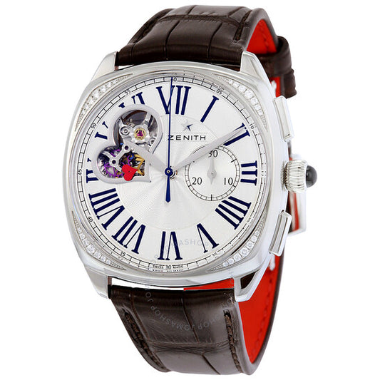 ساعة زينيث هيريتيج ستار النسائية ذات الميناء الفضي المفتوح والجلد البني