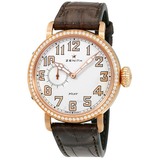 ساعة زينيث بايلوت النسائية الأوتوماتيكية من الذهب الوردي عيار 18 قيراطًا بمينا بيضاء