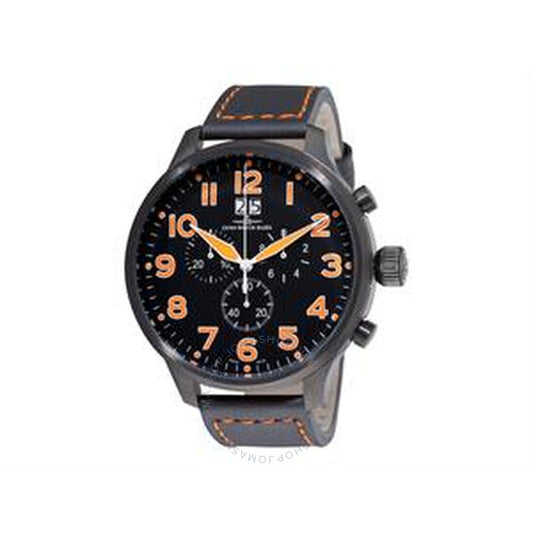 ساعة زينو SOS كرونوغراف للرجال بمينا أسود وحزام جلدي أسود